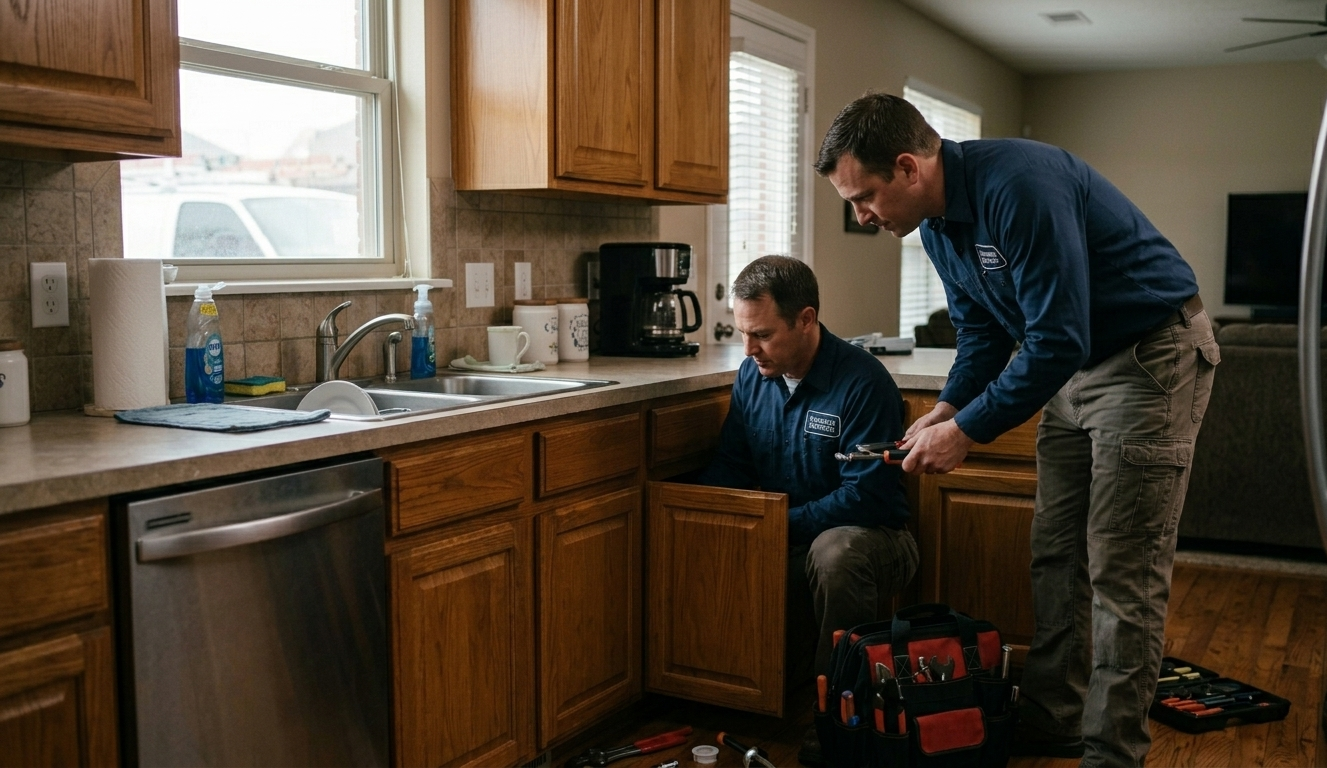 Professional plumber Oklahoma City OK team inspecting kitchen cabinets and under-sink plumbing pipes.