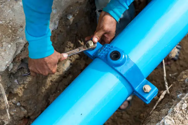 Plumber using a wrench to tighten a coupling clamp on a large blue underground pipe during line repairs.
