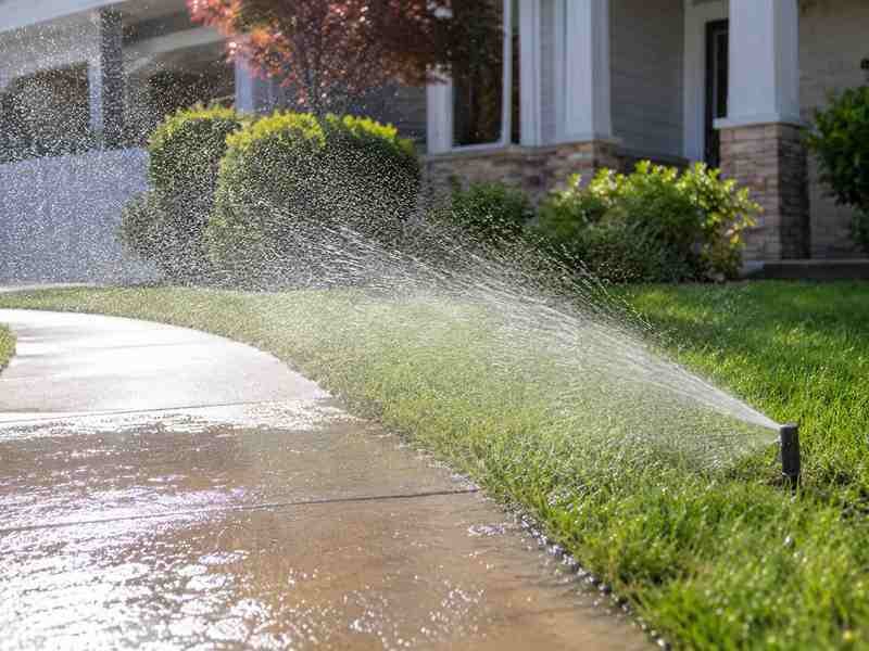 Residential lawn sprinkler spraying grass and sidewalk, showing how irrigation systems can increase Oklahoma City water usage.