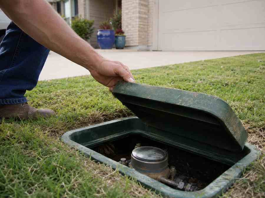 Homeowner checking an outdoor residential water meter to identify unexplained water usage and possible plumbing leaks.