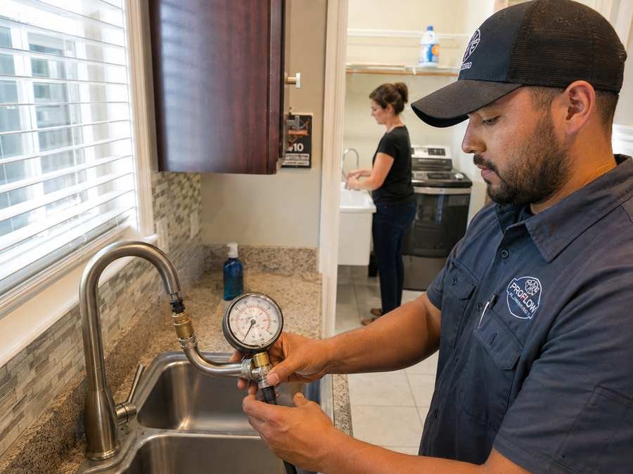 Plumber using a pressure gauge to test residential water pressure and flow at a kitchen faucet before a home purchase.
