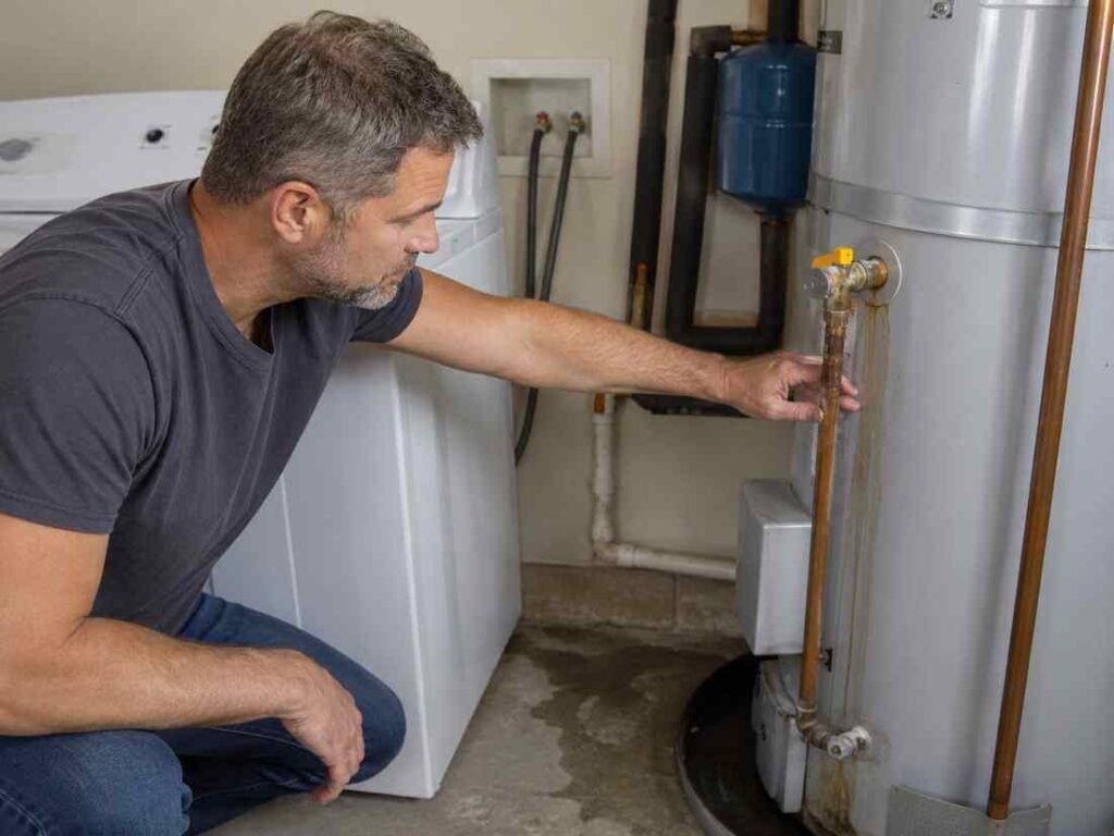 Homeowner inspecting water heater pipes and plumbing connections for water loss that could contribute to a higher water bill.