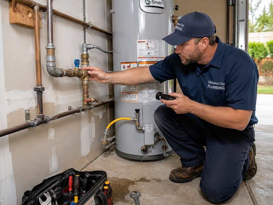 Plumber inspecting a main water shutoff valve, exposed pipes, and water heater connections during a home plumbing inspection.