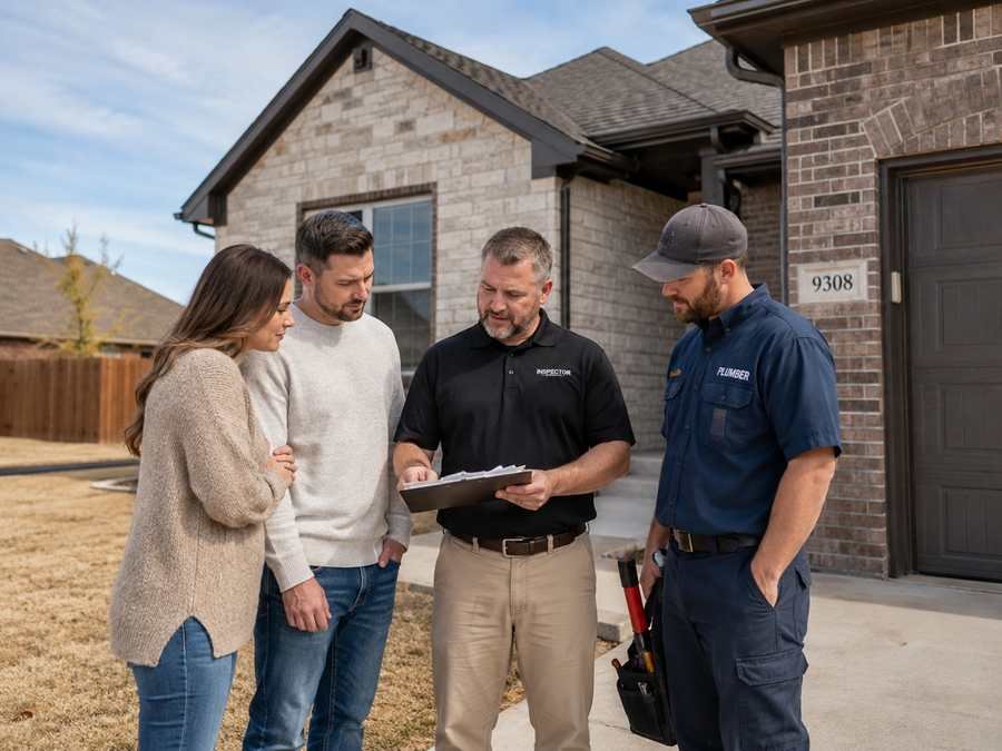 Homebuyers reviewing a plumbing inspection with a home inspector and plumber outside a house in the Oklahoma City metro.