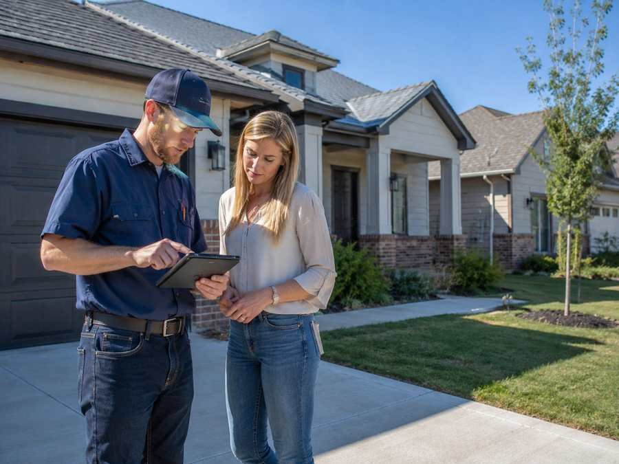 Homebuyer reviewing plumbing inspection findings with a plumber outside a newer suburban home in the Oklahoma City metro.