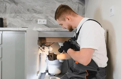 Man in work overalls inspecting pipes under a kitchen sink with a flashlight.