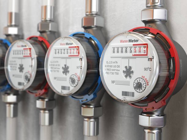 Row of color-coded mechanical water meters for submetering.