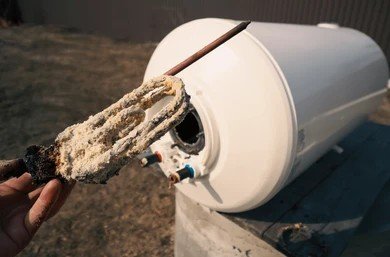 Water heater heating element covered in heavy calcium sediment build up from hard water.