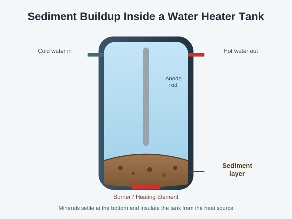 Water heater tank cross-section diagram illustrating mineral sediment buildup at the bottom.