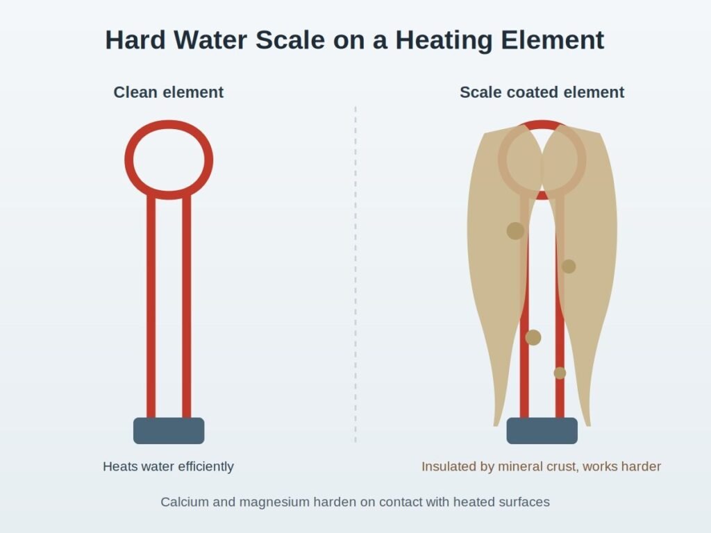 Hard water scale coating a water heater heating element compared to a clean element in Oklahoma City