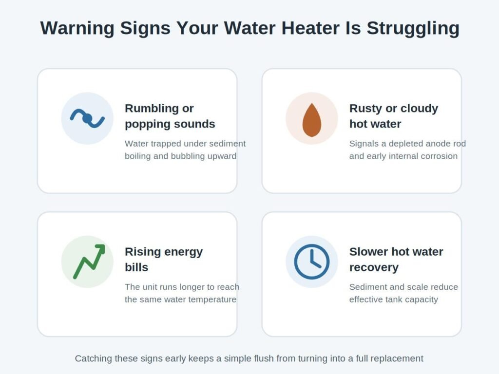 Graphic displaying common water heater failure warning signs: rumbling noise, rusty water, rising energy bills, and slow recovery time.