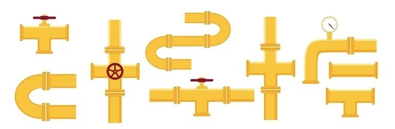 Vector illustration of yellow water pipe fittings and shutoff valves.