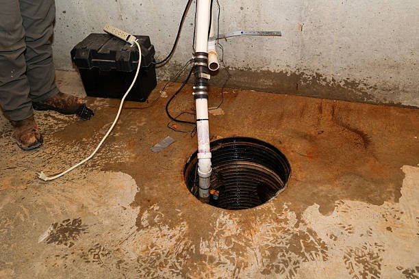 Flooded basement floor with water around a sump pump basin during a residential sewer backup in Oklahoma City.