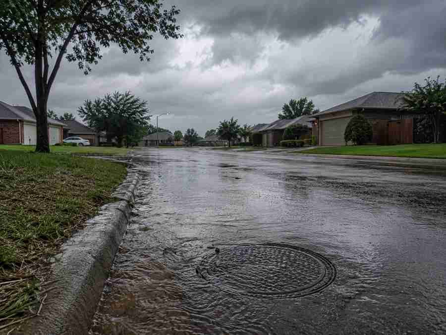 Stormwater overflowing near a sewer manhole cover on a flooded residential street.