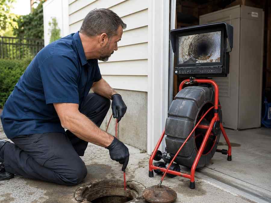 Professional plumber using a drain camera inspection tool to check underground sewer line.