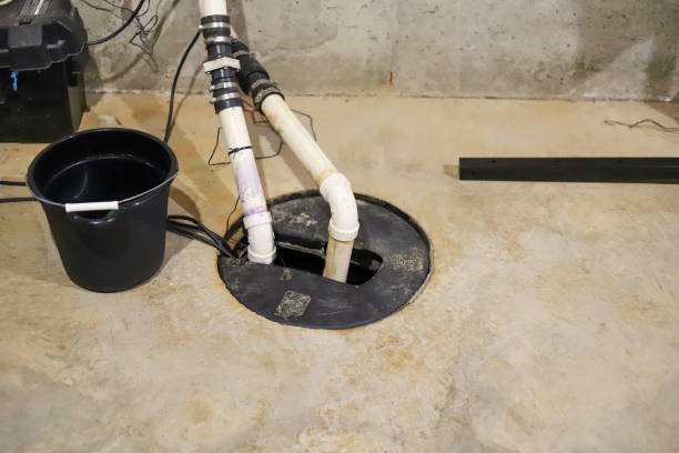Basement sump pump system and PVC drain line for home sewer backup prevention in Oklahoma City.