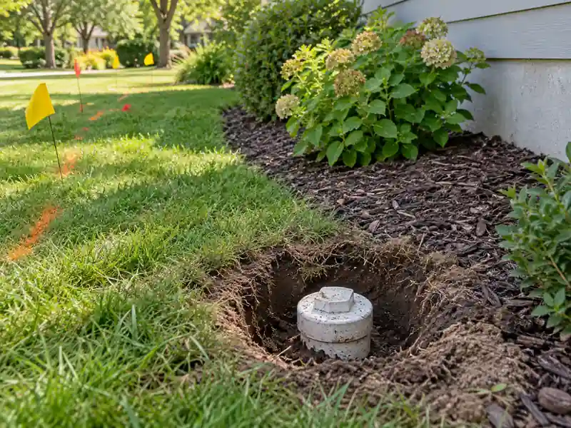 Buried sewer cleanout uncovered beneath grass and soil near a home with utility markings nearby.