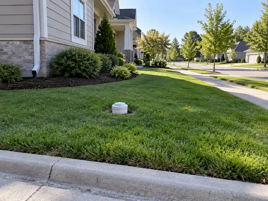 Main sewer cleanout in a front lawn between the house foundation and residential street.