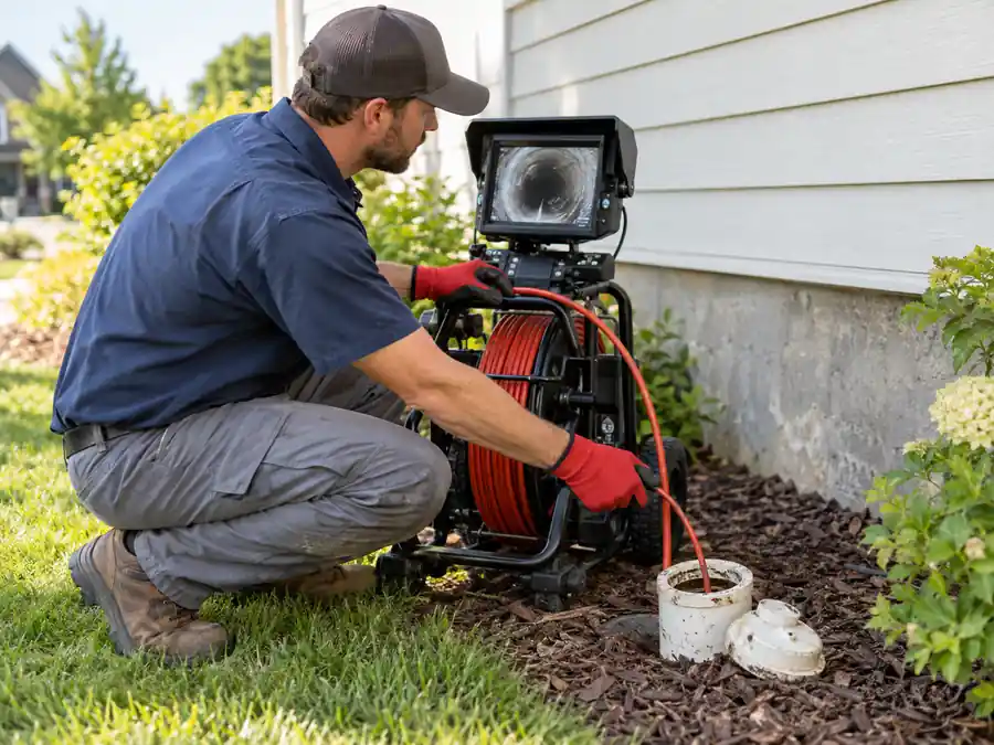 Plumber using a sewer camera through an outdoor cleanout to inspect a residential sewer line.
