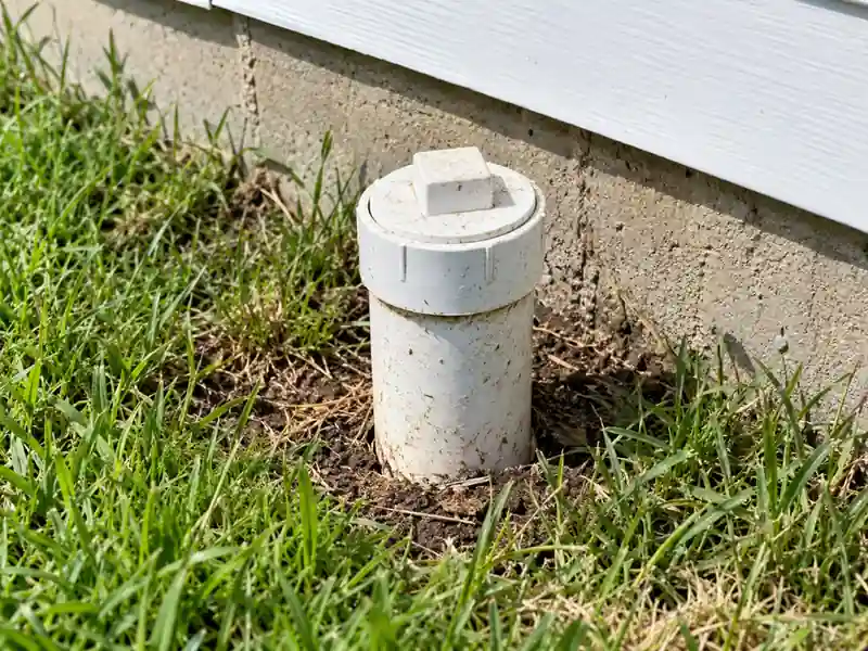 White PVC sewer cleanout pipe with threaded cap beside a residential foundation.