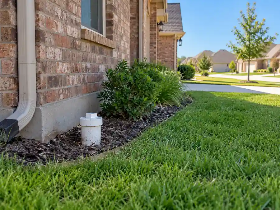Sewer cleanout located beside the foundation of an Oklahoma City home near the front yard.