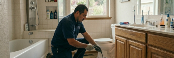Professional plumber clearing a clogged bathroom line during a drain cleaning service in Oklahoma City, OK.