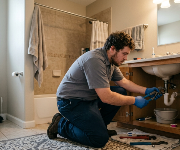 Licensed residential plumber in Oklahoma City, OK, conducting a sewer line camera inspection through a floor drain in a home bathroom.