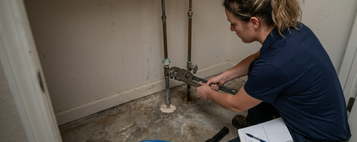 Female utility specialist using a large pipe wrench to secure water connections during a professional leak detection service in Oklahoma City, OK.