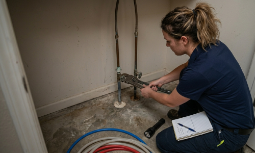Female utility specialist using a large pipe wrench to secure water connections during a professional leak detection service in Oklahoma City, OK.