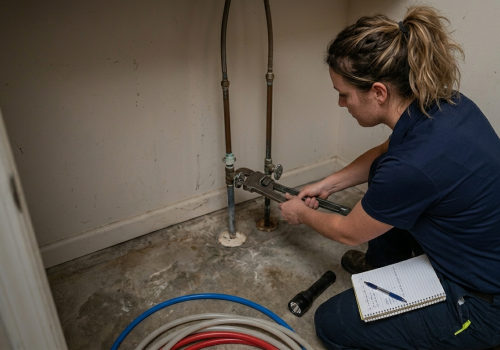 Female utility specialist using a large pipe wrench to secure water connections during a professional leak detection service in Oklahoma City, OK.