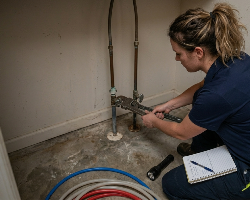 Female utility specialist using a large pipe wrench to secure water connections during a professional leak detection service in Oklahoma City, OK.