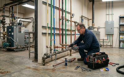 Licensed plumbing technician using a flashlight to inspect a pooling puddle beneath a household tank during a water heater repair service in Oklahoma City, OK.
