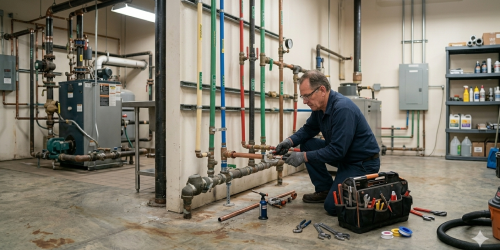 Licensed plumbing technician using a flashlight to inspect a pooling puddle beneath a household tank during a water heater repair service in Oklahoma City, OK.