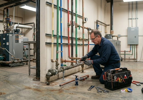 Licensed plumbing technician using a flashlight to inspect a pooling puddle beneath a household tank during a water heater repair service in Oklahoma City, OK.