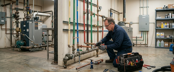 Licensed plumbing technician using a flashlight to inspect a pooling puddle beneath a household tank during a water heater repair service in Oklahoma City, OK.