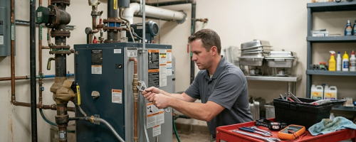 Professional technician using an adjustable wrench to tighten copper line valves during a water heater repair service in Oklahoma City, OK.