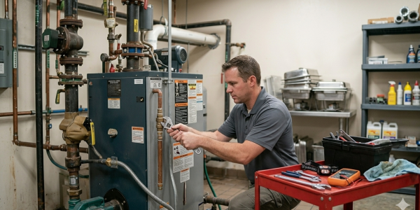 Professional technician using an adjustable wrench to tighten copper line valves during a water heater repair service in Oklahoma City, OK.