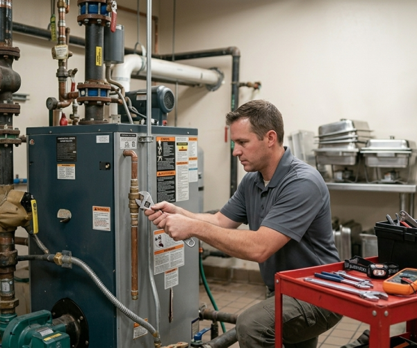 Professional technician using an adjustable wrench to tighten copper line valves during a water heater repair service in Oklahoma City, OK.