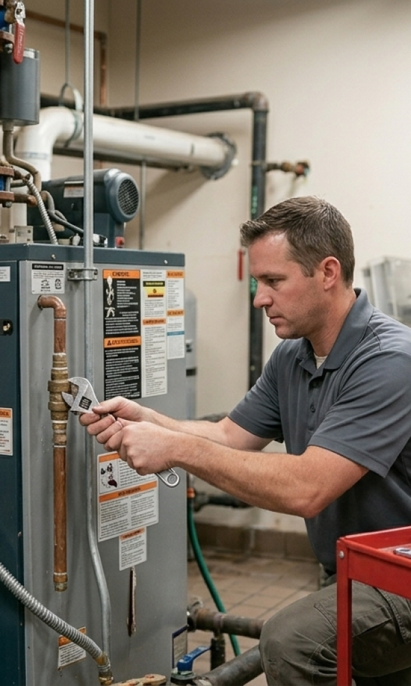 Professional technician using an adjustable wrench to tighten copper line valves during a water heater repair service in Oklahoma City, OK.
