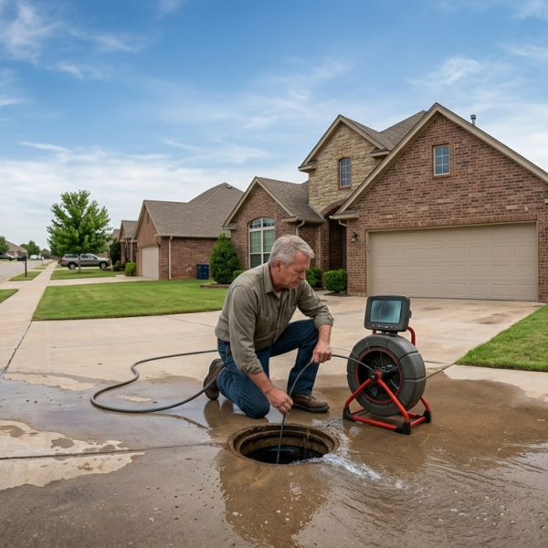 A residential plumber in Oklahoma City, OK, uses an outdoor drain camera inspection reel to service a suburban home's sewer main line.