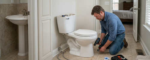 Professional residential plumber in Oklahoma City, OK, kneeling in a home bathroom while installing a white ceramic toilet with a cordless drill.