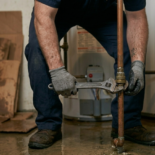 Close-up of a residential plumber in Oklahoma City, OK, using a pipe wrench to tighten a brass fitting on a vertical copper water pipe.