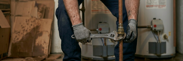 Close-up of a residential plumber in Oklahoma City, OK, using a pipe wrench to tighten a brass fitting on a vertical copper water pipe.
