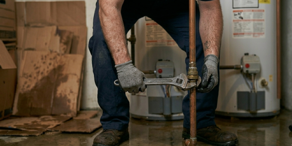 Close-up of a residential plumber in Oklahoma City, OK, using a pipe wrench to tighten a brass fitting on a vertical copper water pipe.