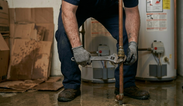 Close-up of a residential plumber in Oklahoma City, OK, using a pipe wrench to tighten a brass fitting on a vertical copper water pipe.
