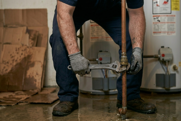 Close-up of a residential plumber in Oklahoma City, OK, using a pipe wrench to tighten a brass fitting on a vertical copper water pipe.