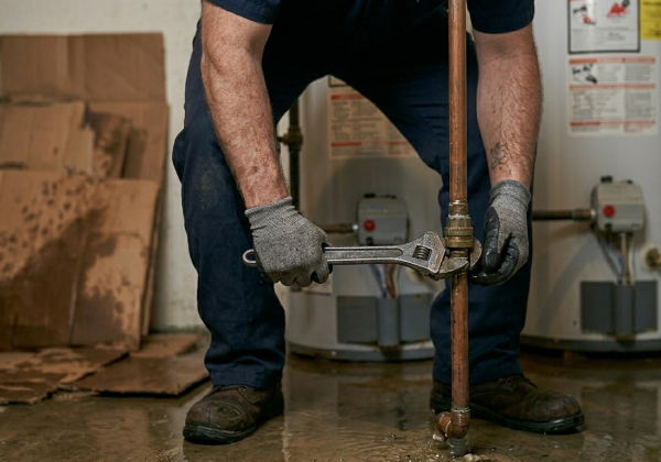 Close-up of a residential plumber in Oklahoma City, OK, using a pipe wrench to tighten a brass fitting on a vertical copper water pipe.