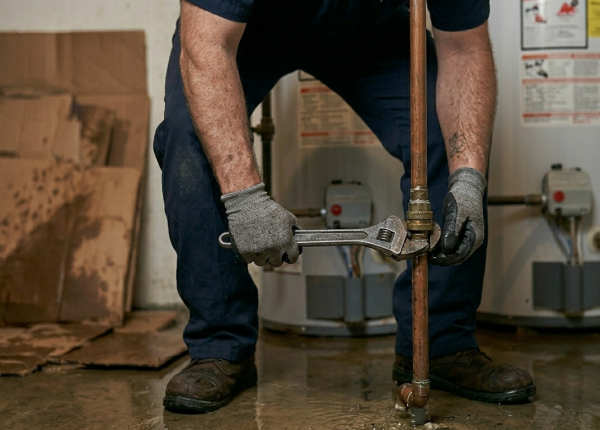 Close-up of a residential plumber in Oklahoma City, OK, using a pipe wrench to tighten a brass fitting on a vertical copper water pipe.