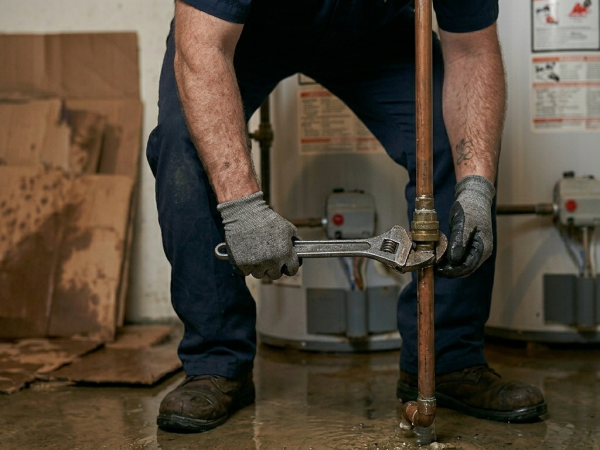 Close-up of a residential plumber in Oklahoma City, OK, using a pipe wrench to tighten a brass fitting on a vertical copper water pipe.