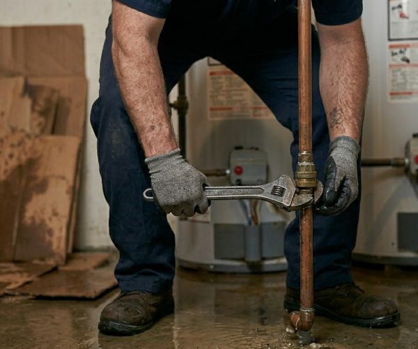 Close-up of a residential plumber in Oklahoma City, OK, using a pipe wrench to tighten a brass fitting on a vertical copper water pipe.